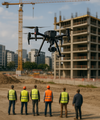 drone en zone urbaine très réaliste, devant un chantier en basse altitude près d'une zone urbaine avec 6 personnes de loin et de dos