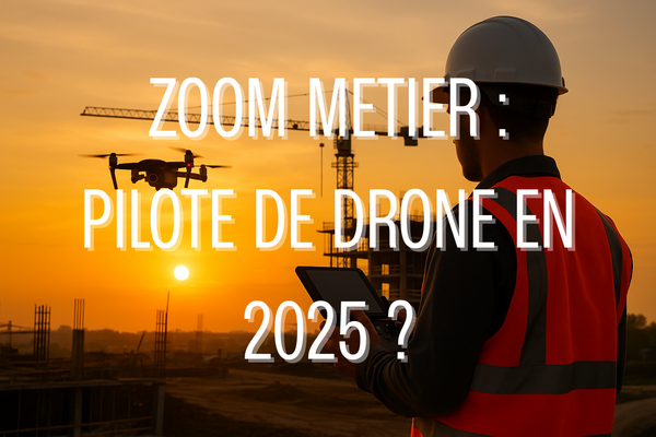 Un télépilote professionnel en pleine mission avec son drone au-dessus d’un chantier, au lever du soleil, illustrant le métier de pilote de drone en 2025.
