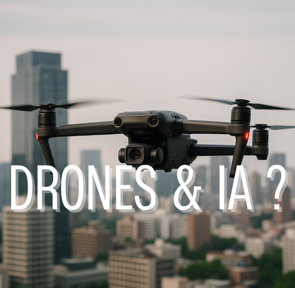 Drone professionnel en vol au-dessus d’un paysage urbain, illustrant l’intégration de l’intelligence artificielle dans le pilotage automatisé.