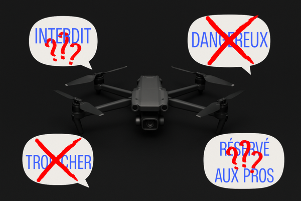 Drone noir posé au centre d’un fond noir, entouré de quatre bulles de texte vides symbolisant les idées reçues courantes sur les drones.