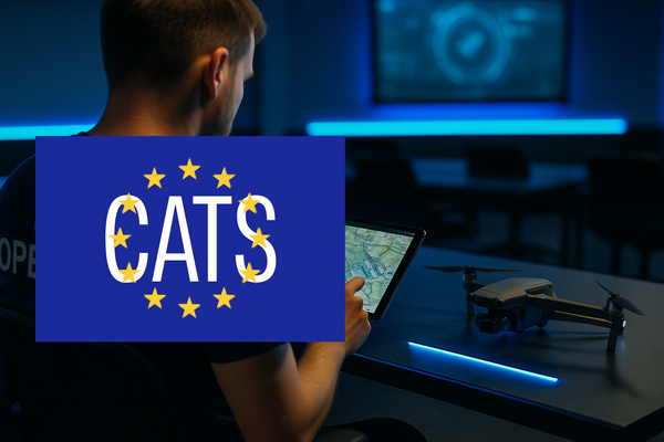 Drone quadricoptère en vol stationnaire devant un ordinateur affichant “Examen CATS” en couleurs style Google, ambiance bureau, mise au point sur l’écran et l’appareil.