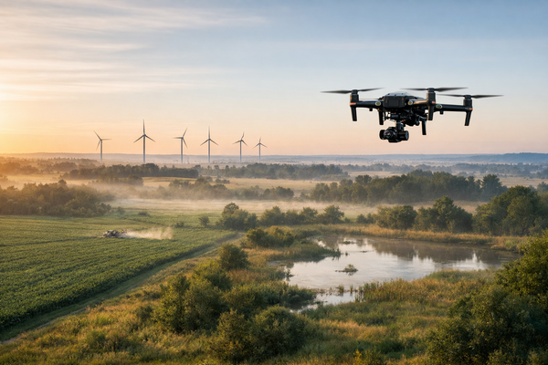 Drone professionnel en mission au-dessus d’un site agricole et naturel, avec des éoliennes en arrière-plan, illustrant un usage responsable et durable du drone