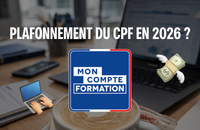 Plafonnement du CPF en 2026 avec visuel Mon Compte Formation et illustration d’un plafond financier symbolisant la limite à 1 500 euros.