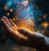 Main ouverte avec particules lumineuses symbolisant bilan énergétique
