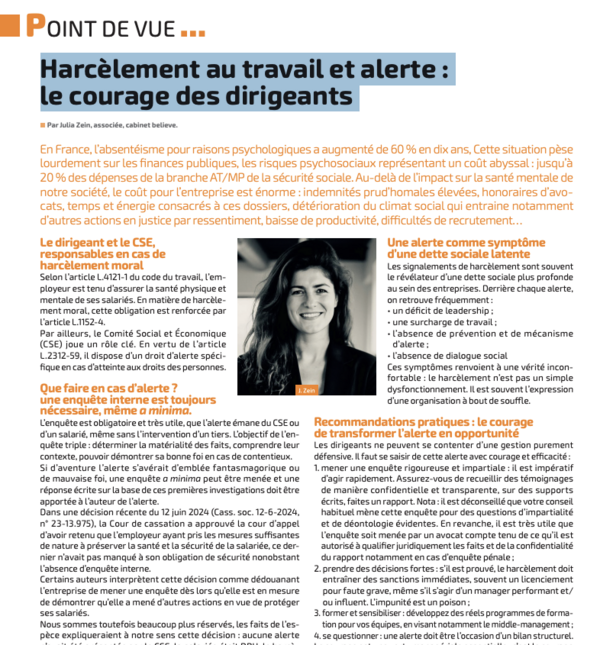 Harcèlement au travail et alerte : le courage des dirigeants 