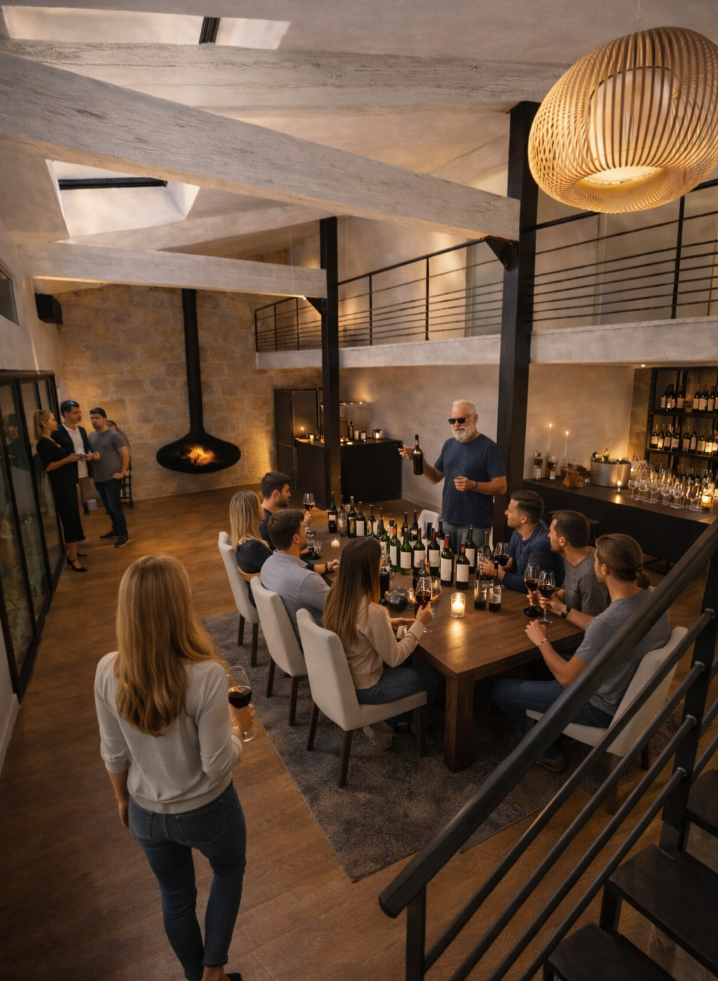 loft élégant avec table de dégustation et bouteilles de vin