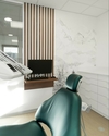 Fauteuil de soins devant une fresque de montagne, cabinet d'orthodontie du Dr Birraux à Douvaine