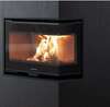 Insert cheminée bois vitré angle flammes décor bois foncé
