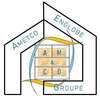Logo AMETCO ENGLOBE groupe maison stylisée symboles bleus jaunes