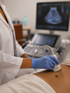 Physiothérapeute manipulant jambe patiente en consultation vasculaire