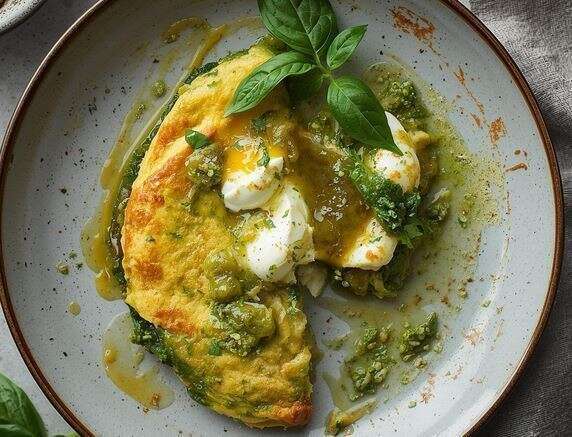 Omelette aux épinards & burrata au pesto