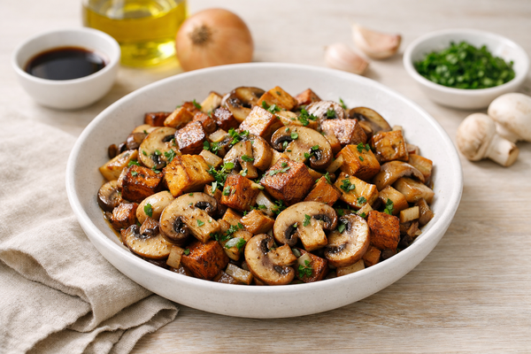 Poêlée de champignons et tofu fumé