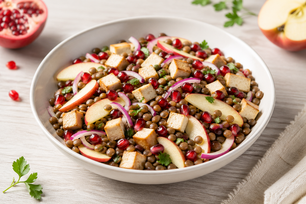 Salade de lentilles, pomme, grenade et tofu fumé