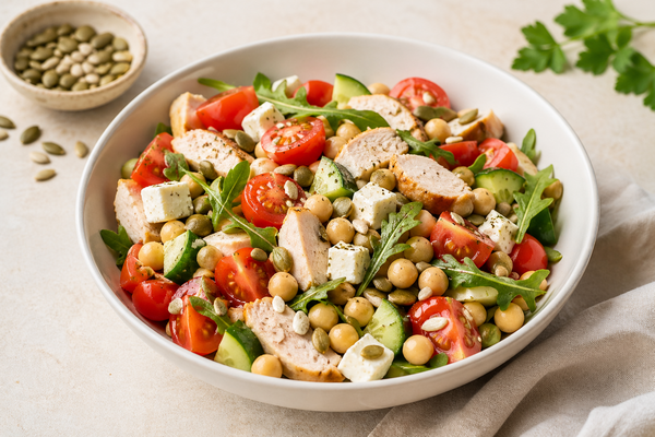 Salade de pois chiches, tomates, feta & poulet rôti