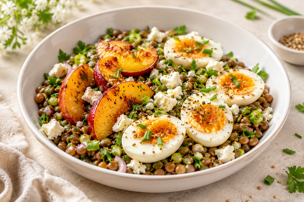 Lentilles aux nectarines rôties et œufs