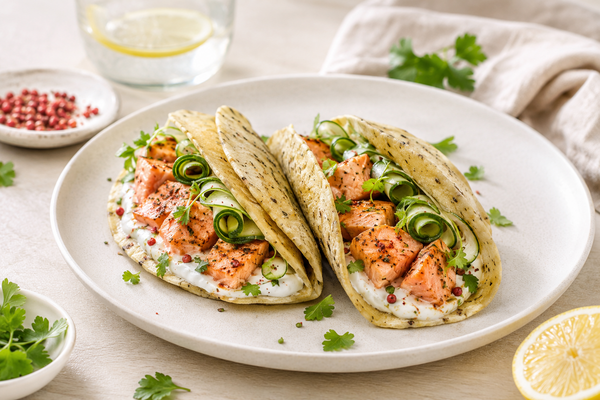 Tacos d’algues au saumon et au concombre 
