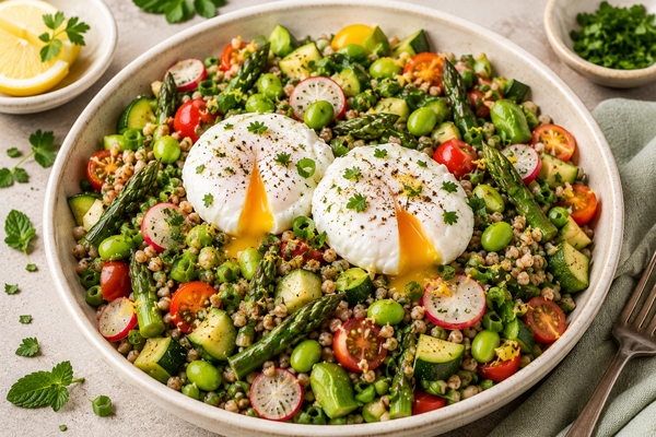 Sarrasin aux légumes et œufs pochés
