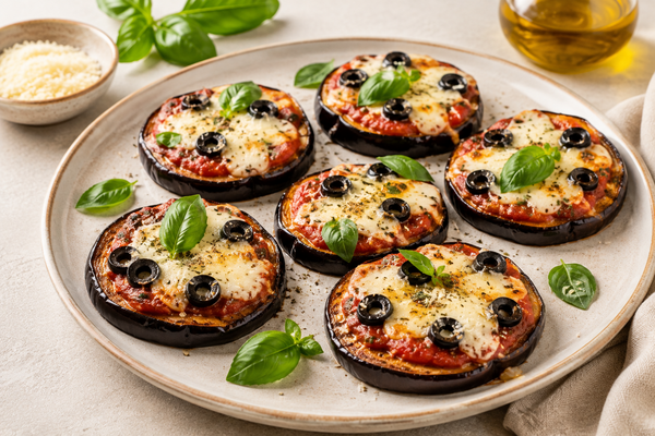 Mini-pizzas d’aubergine au parmesan et mozzarella