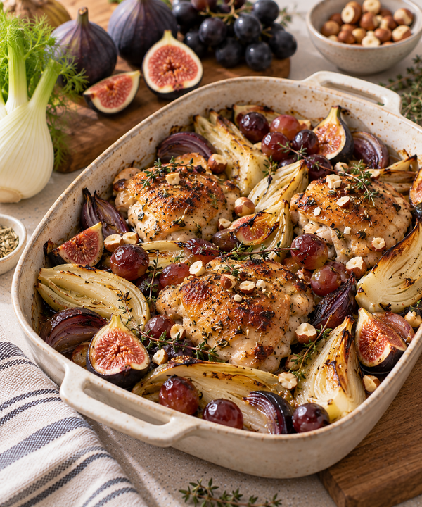 Hauts de cuisse de poulet rôtis aux figues, raisin et fenouil