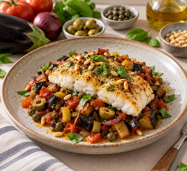 Lieu jaune rôti sur caponata d'aubergines