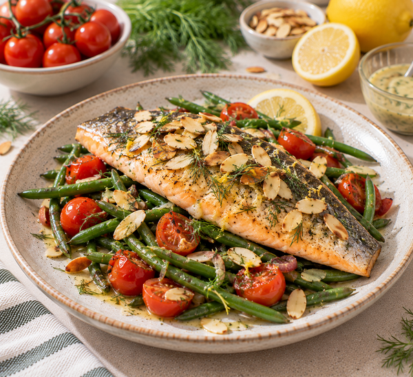 Truite rôtie aux amandes, haricots verts et tomates cerises
