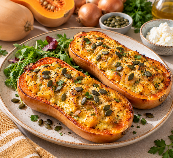 Butternut farcie à la brousse, œufs et oignons au curry