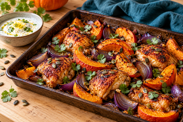 Poulet rôti au paprika fumé, potimarron et oignons rouges, sauce yaourt-citron
