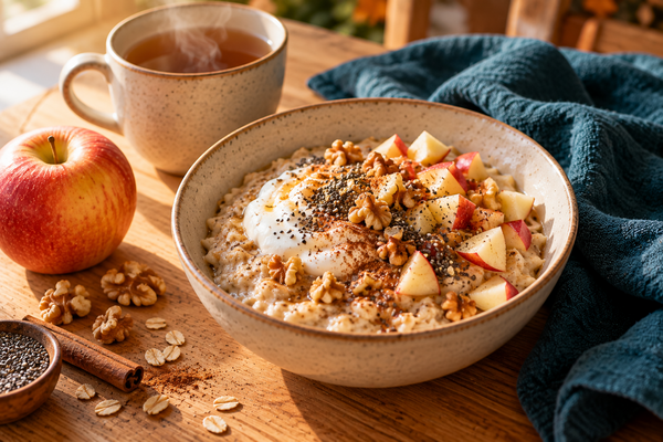 Porridge pomme-cannelle au skyr, noix et graines de chia