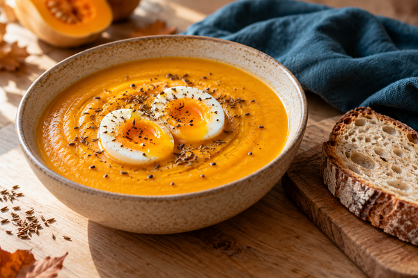 Velouté de butternut au cumin et œufs mollets