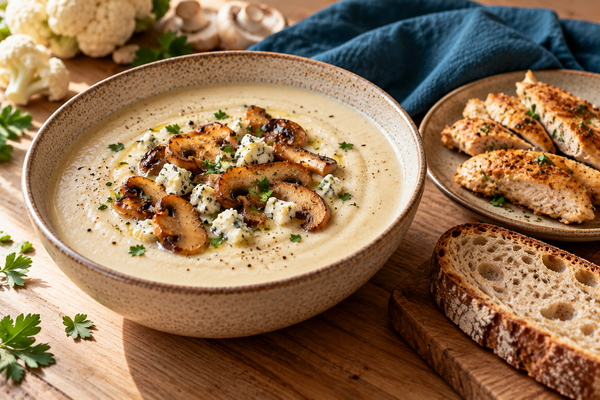 Soupe de chou-fleur et champignons au fromage bleu, émincé de poulet doré