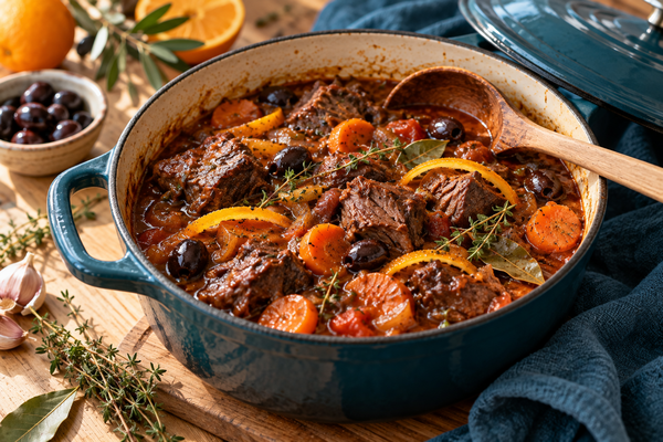 Daube légère de bœuf aux carottes, olives et zeste d'orange