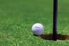 Balle de golf Titleist sur le green près du trou