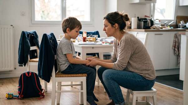 Une mère assise à côté de son enfant boudeur sur un canapé, qui lui parle calmement pour apaiser un conflit après une punition prononcée sous le coup de la colère.