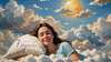 Femme endormie sur nuages, soleil, marque Harmony
