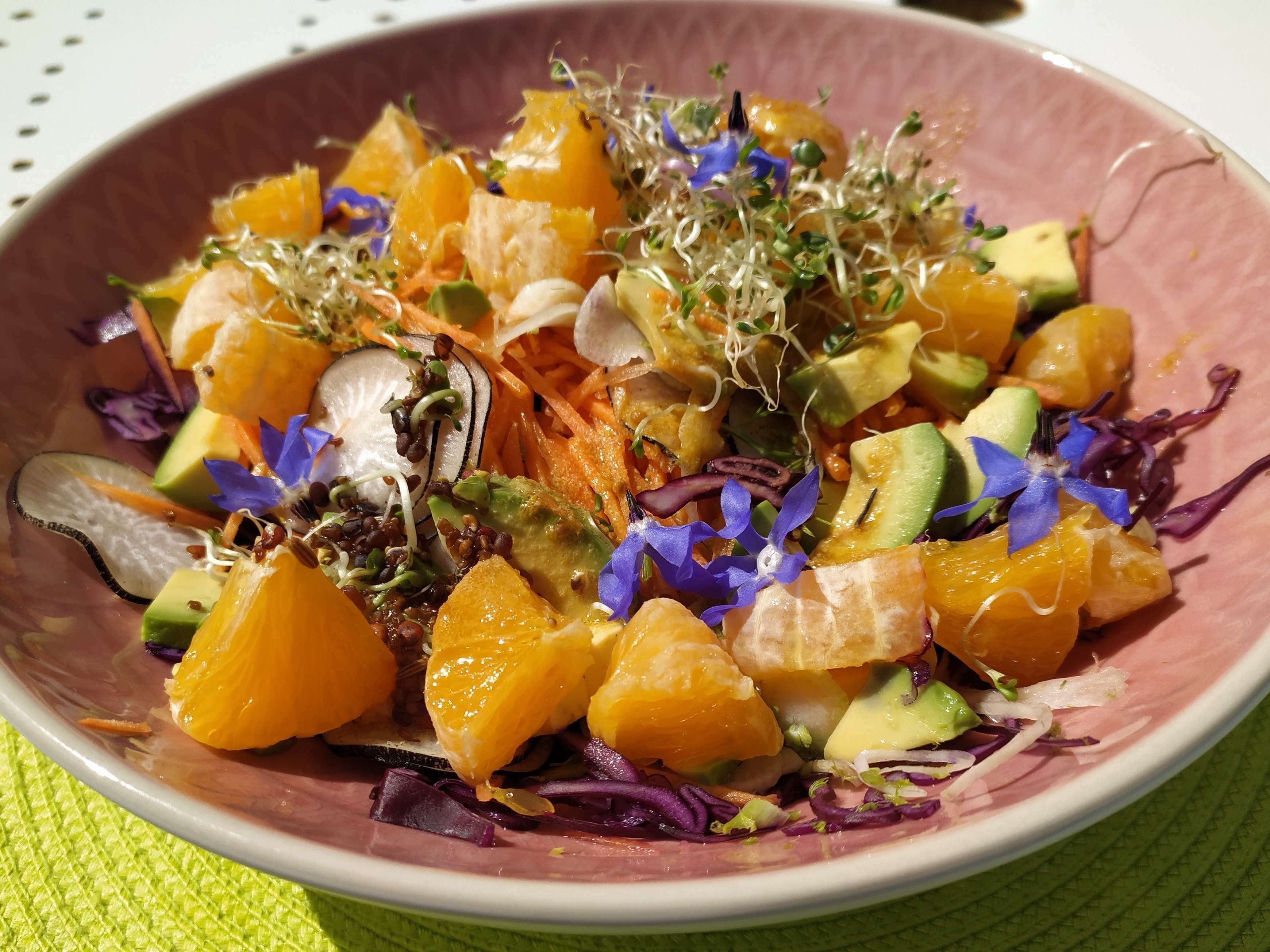Bowl de chou rouge, avocat, orange, graines germées, fleurs de bourrache ...