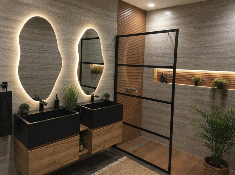 Avant après rénovation complète de salle de bain à Saint-Nazaire avec création de douche moderne, pose de meuble vasque, installation sanitaire et travaux plomberie par Plombier Trav’eau Rénov