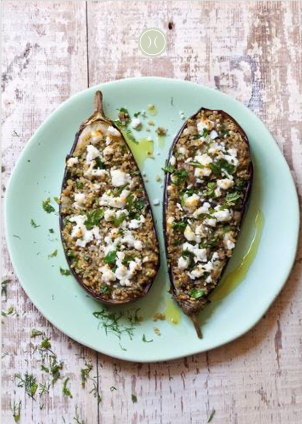 Aubergines Farcies Feta, Coriandre & Pignons