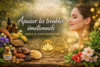Femme souriante entourée d'huiles essentielles pour troubles émotionnels