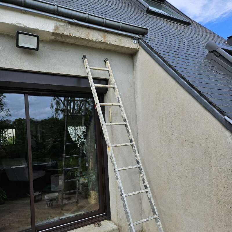 photo d'une maison extérieure au mure sale, une échelle est sur la façade pour faire les travaux de rénovation