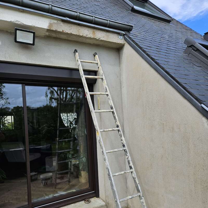 photo d'une maison extérieure au mure sale, une échelle est sur la façade pour faire les travaux de rénovation