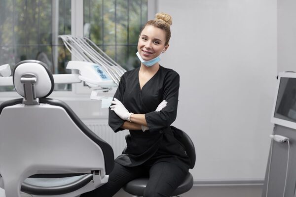 Chirurgien-dentiste souriante dans son cabinet
