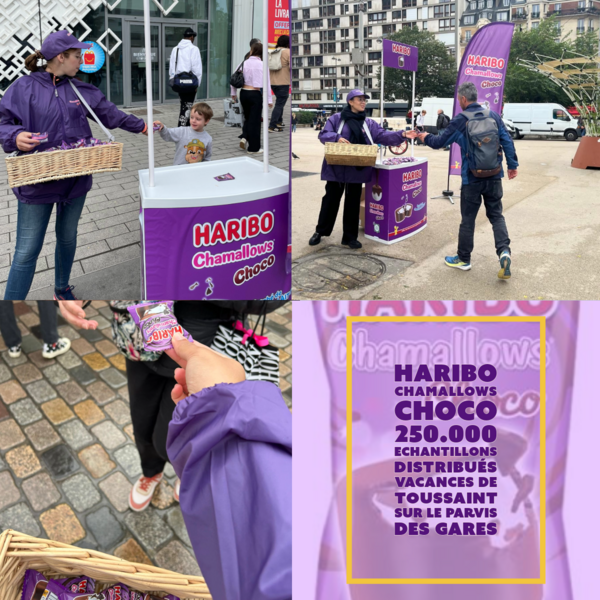 Chamallows Choco de Haribo sur le parvis des gares