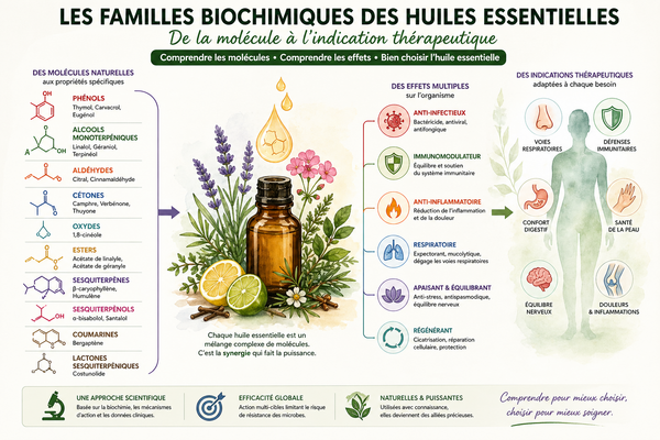 Familles biochimiques des huiles essentielles : comprendre leurs effets et leurs indications