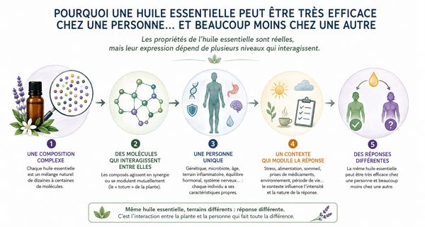 Pourquoi une huile essentielle peut être très efficace chez une personne… et beaucoup moins chez une autre