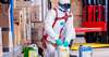 Agent en tenue de protection réapprovisionnant stocks sanitaires