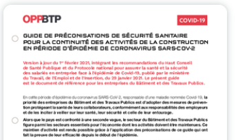 MISE A JOUR du 1er FEVRIER 2021 du Guide de préconisations de sécurité sanitaire OPPBTP