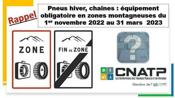 Pneus hiver, chaînes : équipement obligatoire en zones montagneuses du 1er novembre 2022 au 31 mars  2023