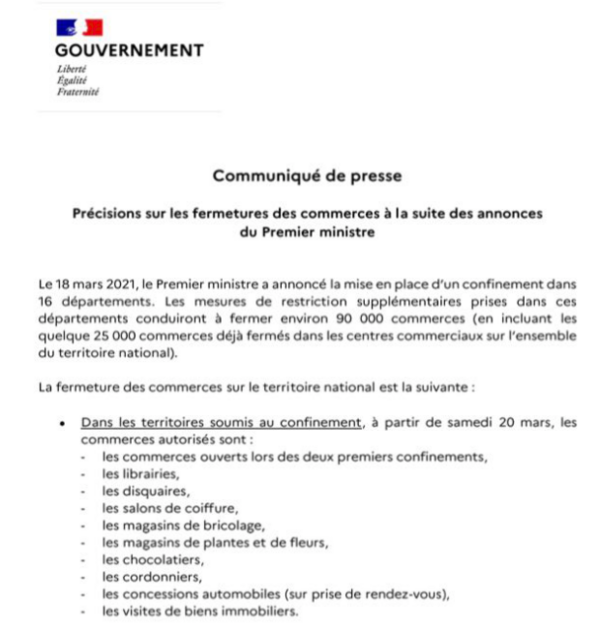 Retrouvez la liste des commerces et services de proximité qui resteront ouverts dans les départements soumis à confinement.