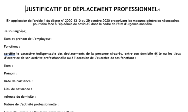 Justificatif de déplacement professionnel à remplir par l'employeur (Formulaire)