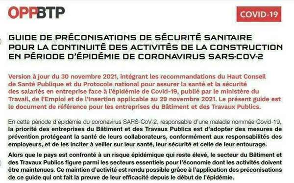 Mise à jour du guide de préconisations OPPBTP au 30 Novembre 2021